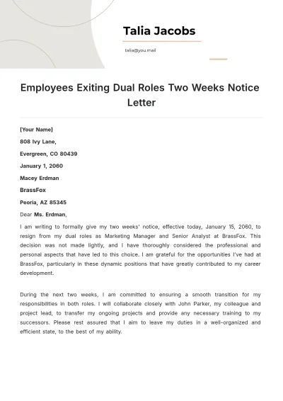 Free Employees Exiting Dual Roles Two Weeks Notice Letter Template to Edit Online