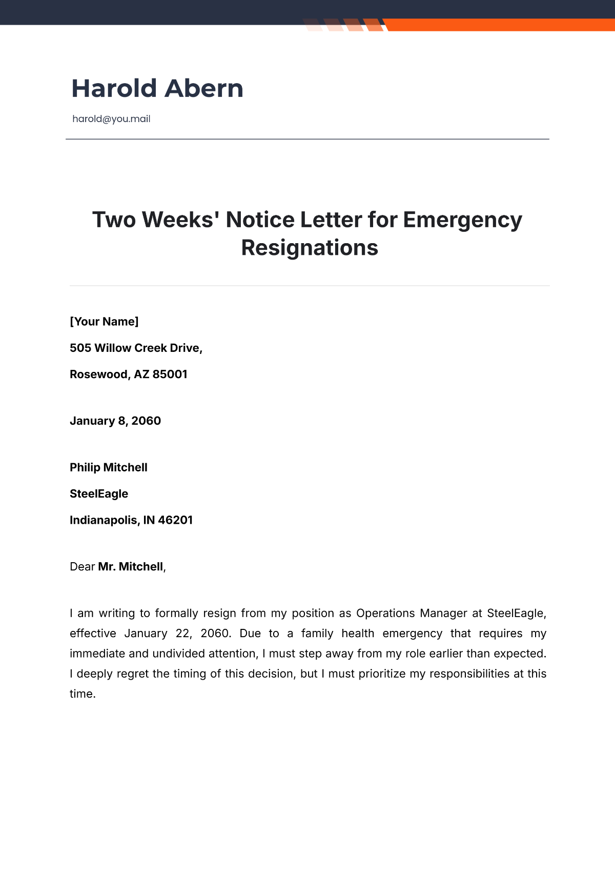 Free Two Weeks Notice Letter  for Emergency Resignations Template