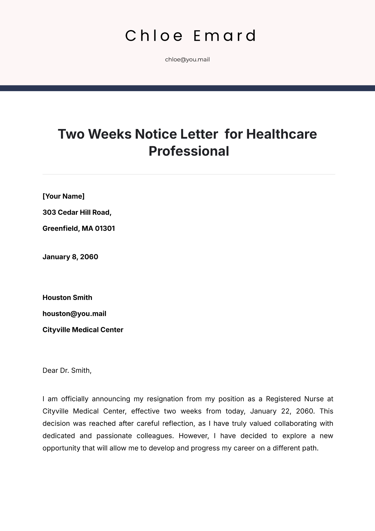 Free Two Weeks Notice Letter  for Healthcare Professional Template