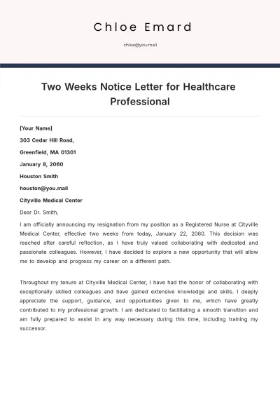 Free Two Weeks Notice Letter  for Healthcare Professional Template to Edit Online