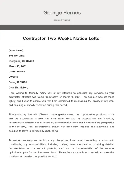 Free Contractor Two Weeks Notice Letter Template to Edit Online