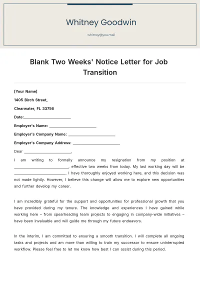 Free Blank Two Weeks Notice Letter  for Job Transition Template to Edit Online