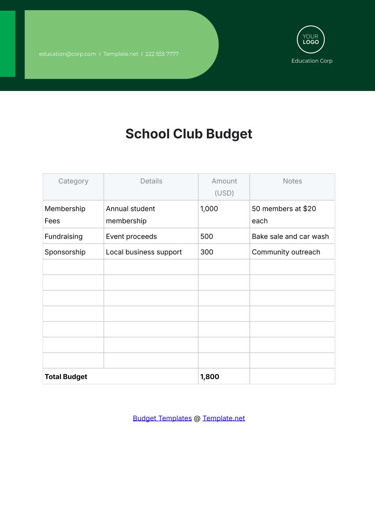 Free School Club Budget Template