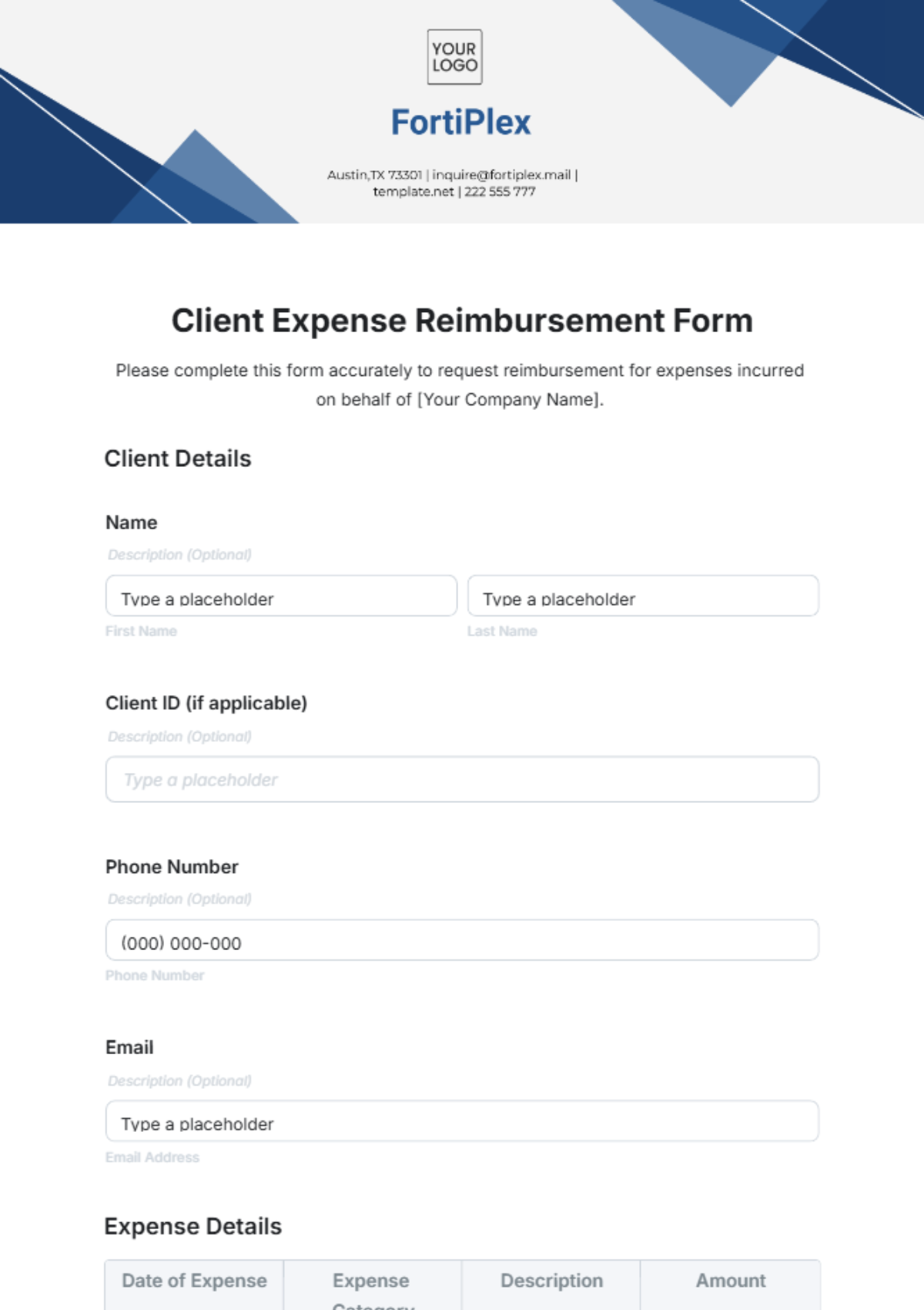 Client Expense Reimbursement Form Template - Edit Online & Download