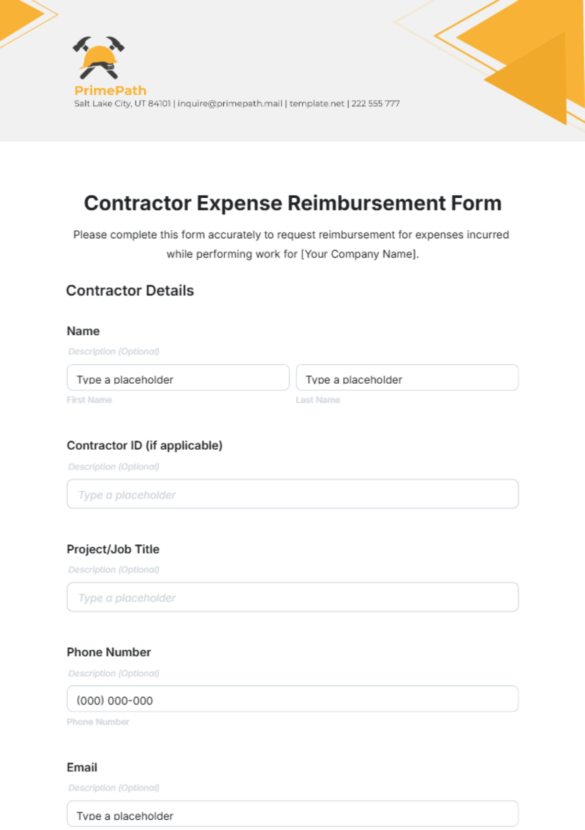 Contractor Expense Reimbursement Form Template - Edit Online & Download