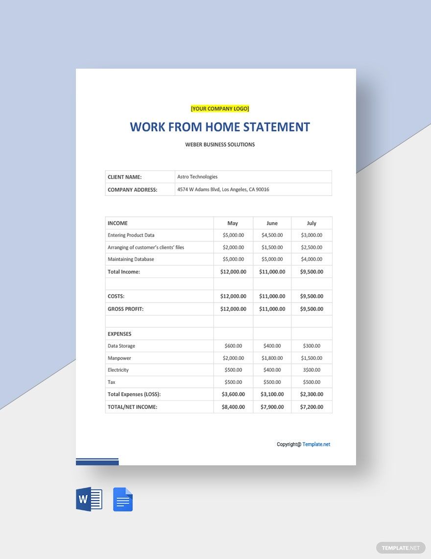 Sample Work From Home Statement Template