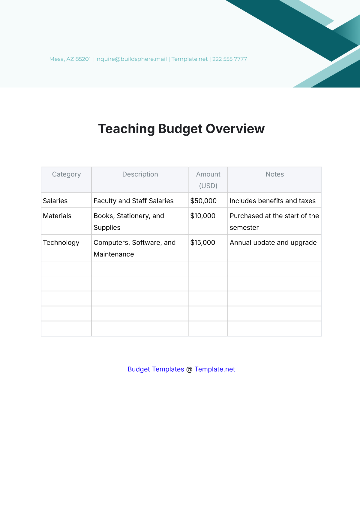 Free Teaching Budget Overview Template