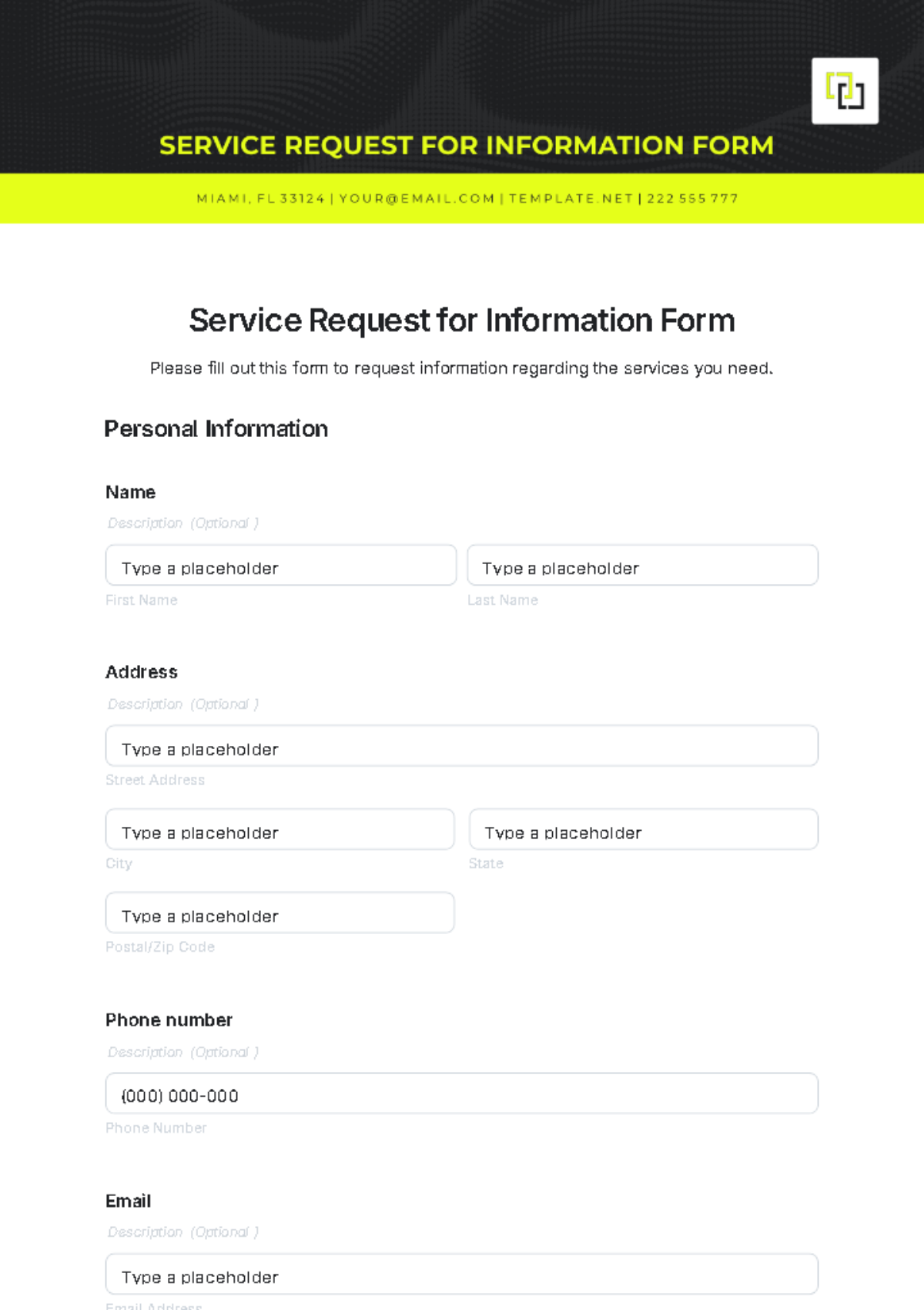 Free Service Request for Information Form Template