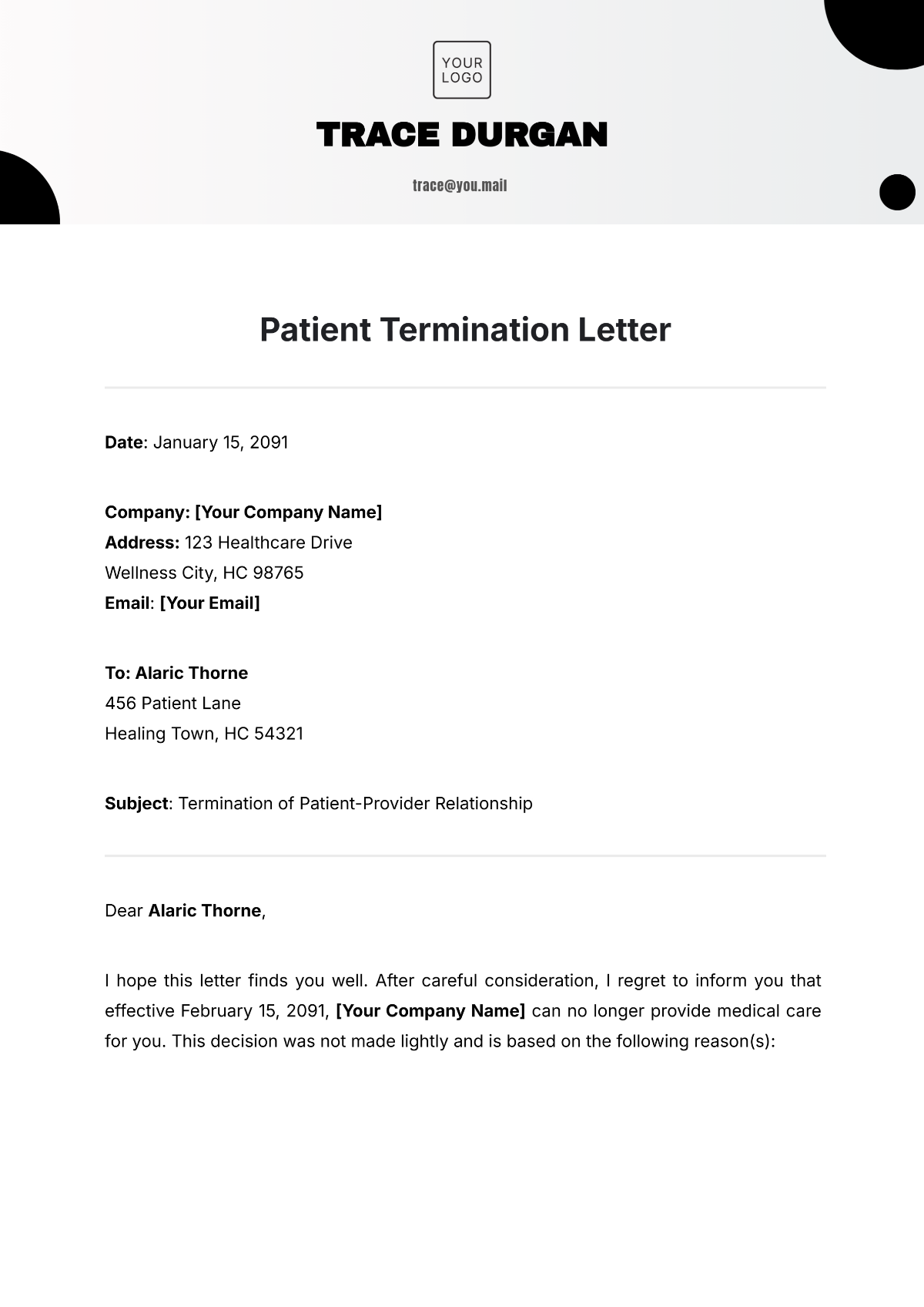 Patient Termination Letter Template - Edit Online & Download