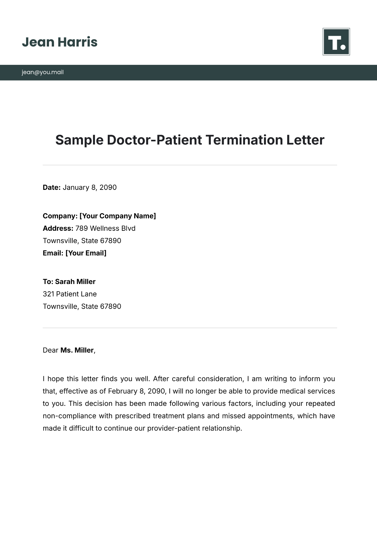 Sample Doctor-Patient Termination Letter Template - Edit Online & Download