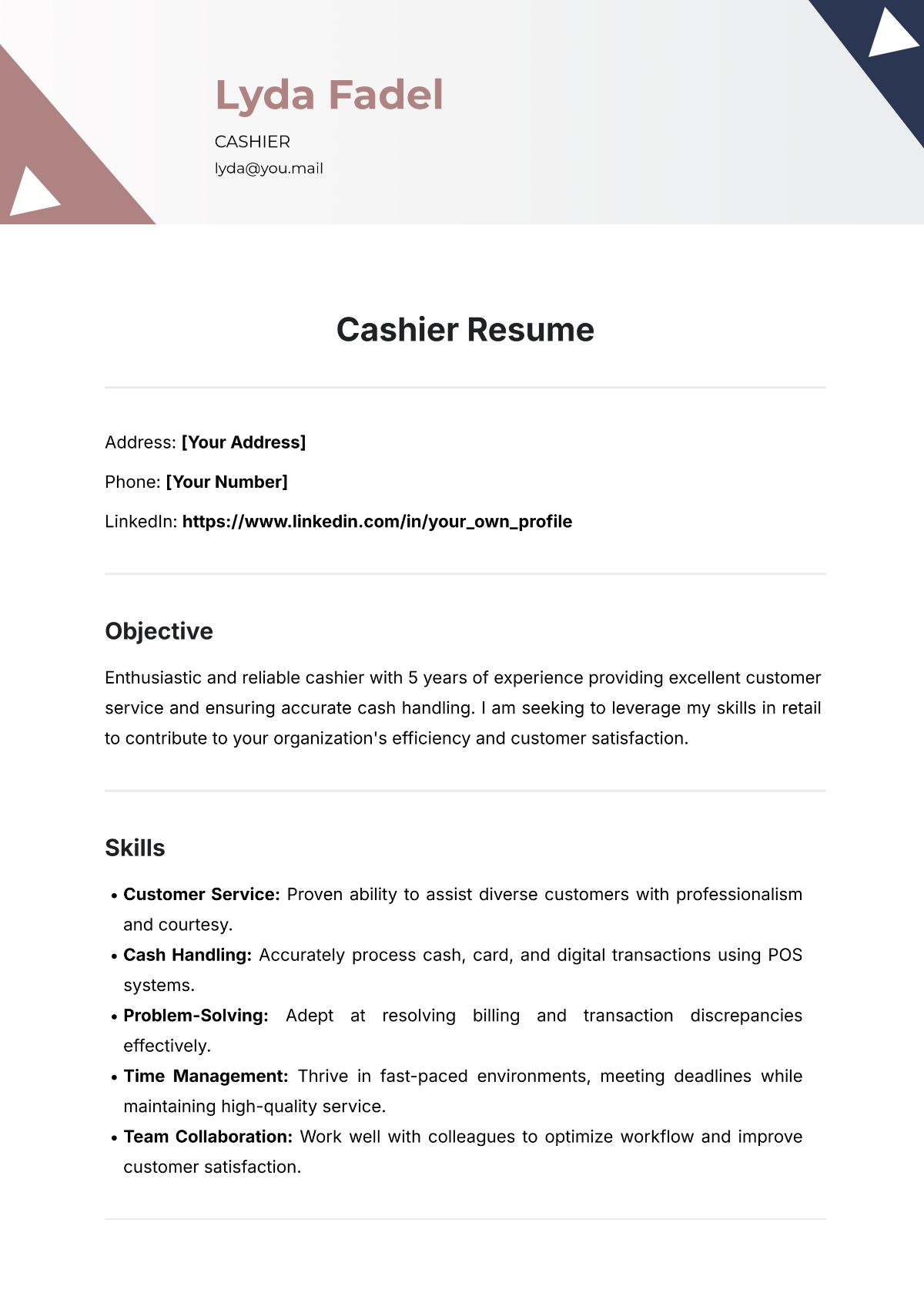 Free Cashier Resume Template