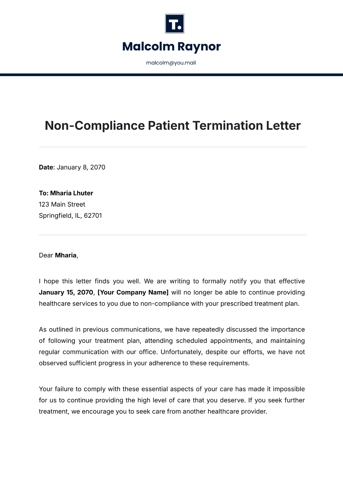 Non-Compliance Patient Termination Letter Template - Edit Online & Download