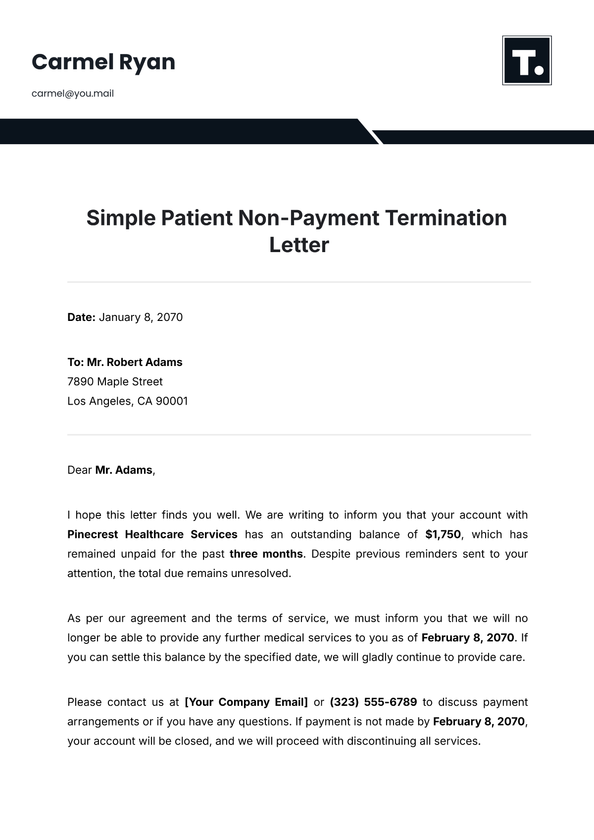 Simple Patient Non-Payment Termination Letter Template - Edit Online & Download