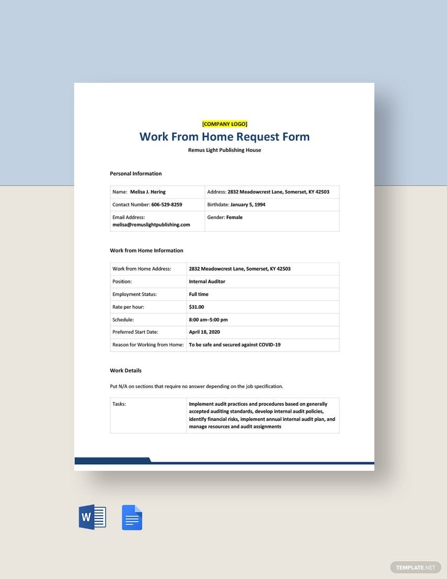 Work From Home Request Form Template