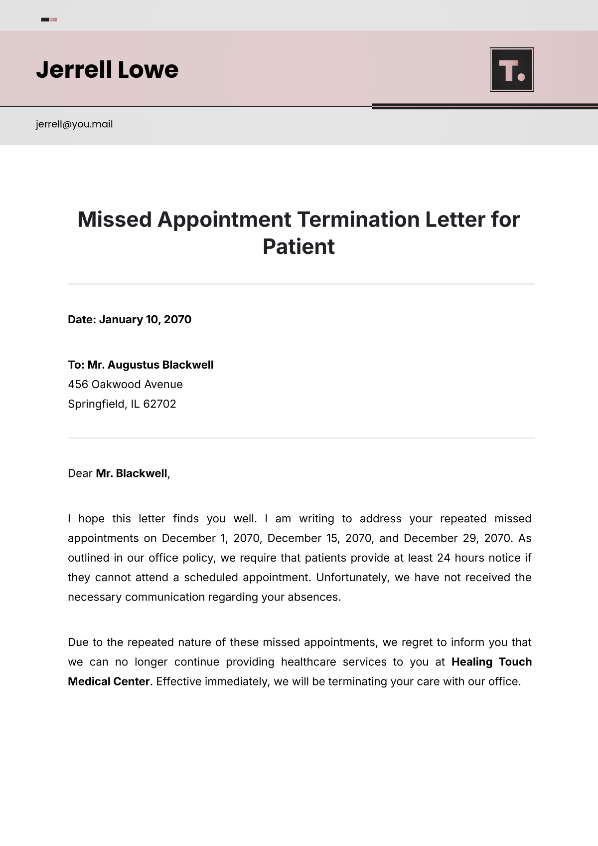 Missed Appointment Termination Letter for Patient Template - Edit Online & Download