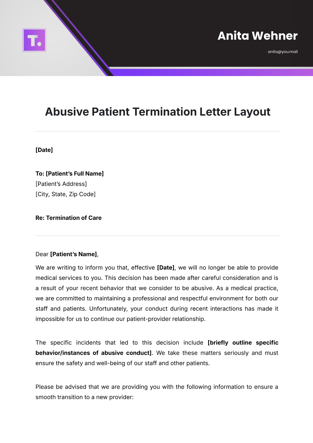 Abusive Patient Termination Letter Layout Template - Edit Online & Download