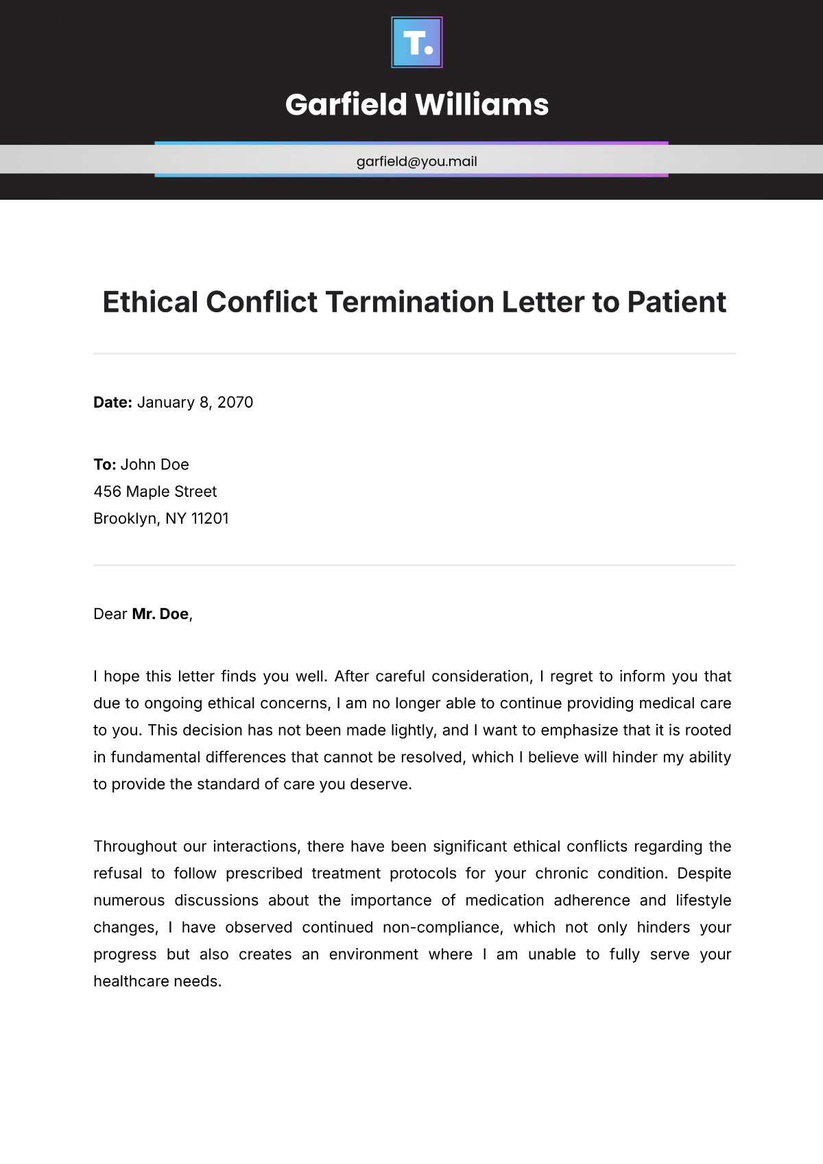 Ethical Conflict Termination Letter to Patient Template - Edit Online & Download