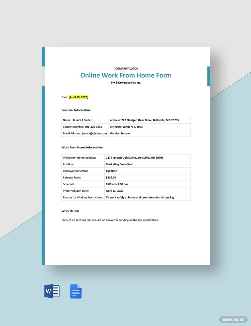 Online Work From Home Form Template