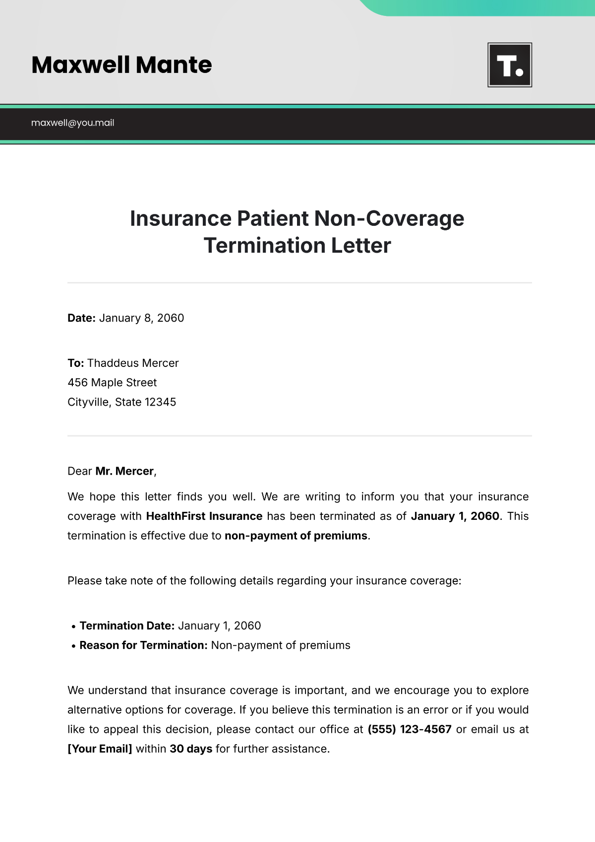 Free Insurance Patient Non-Coverage Termination Letter Template