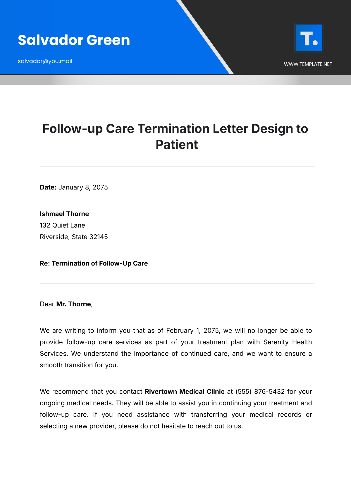 Free Follow-Up Care Termination Letter Design to Patient Template