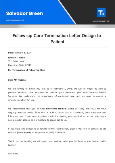 Free Follow-Up Care Termination Letter Design to Patient Template to Edit Online