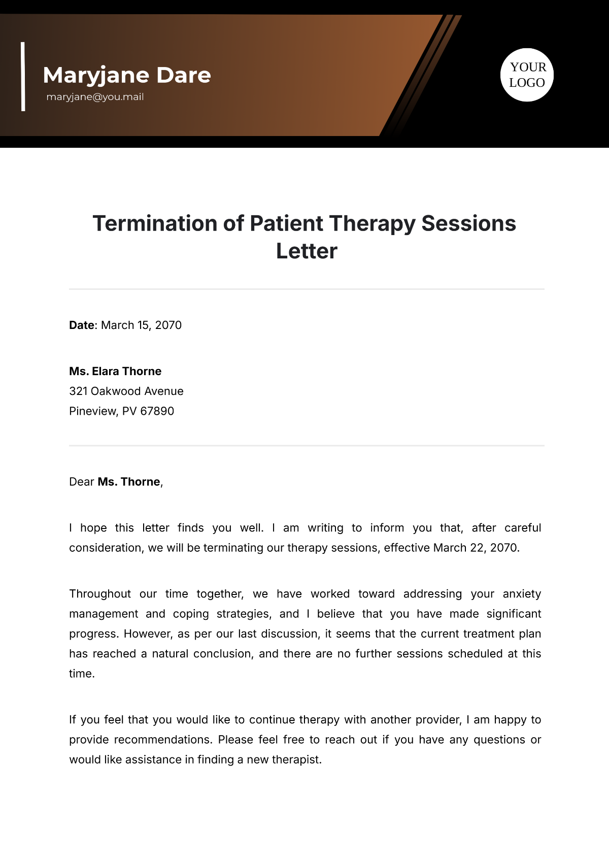 Free Termination of Patient Therapy Sessions Letter Template