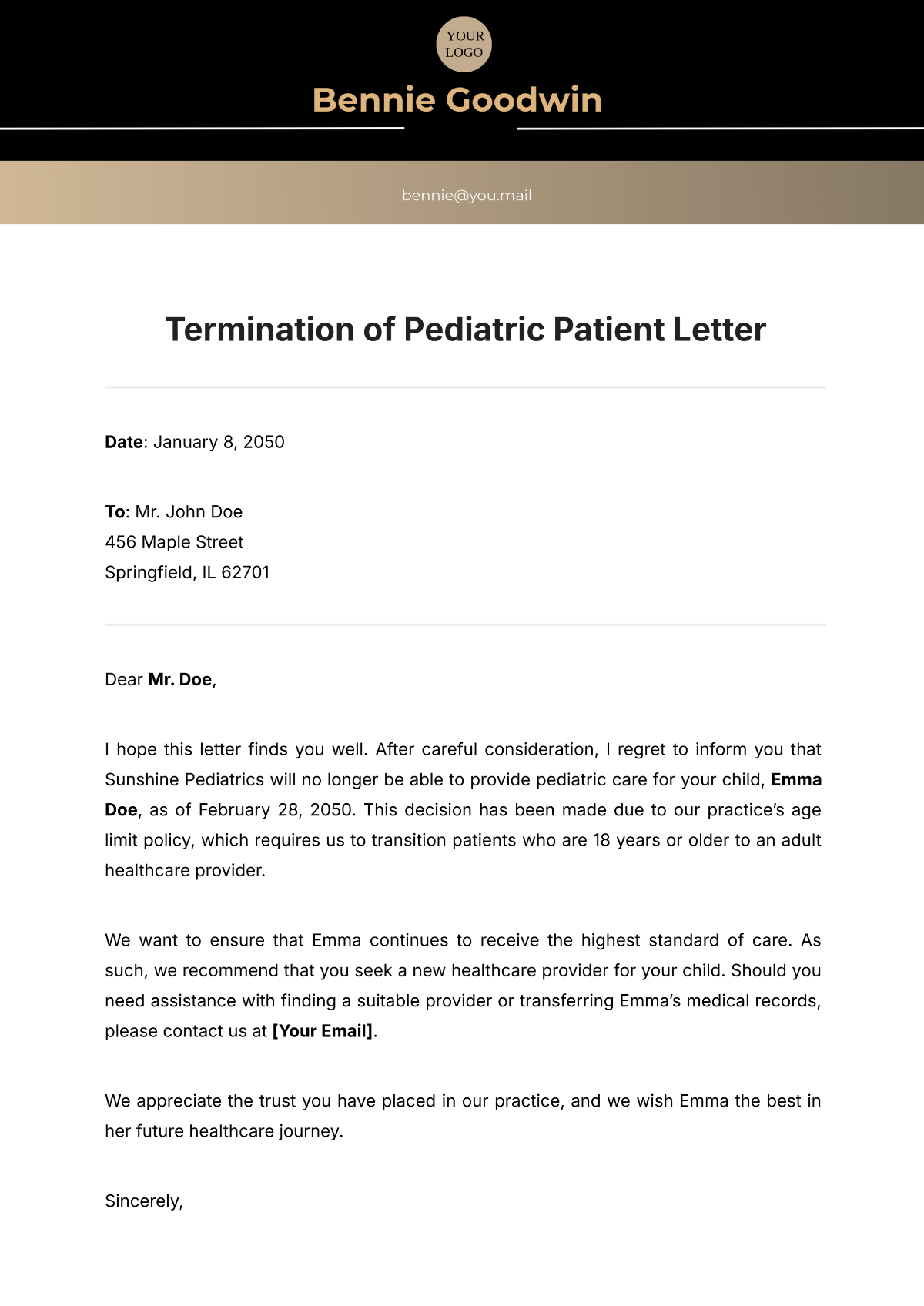 Free Termination of Pediatric Patient Letter Template