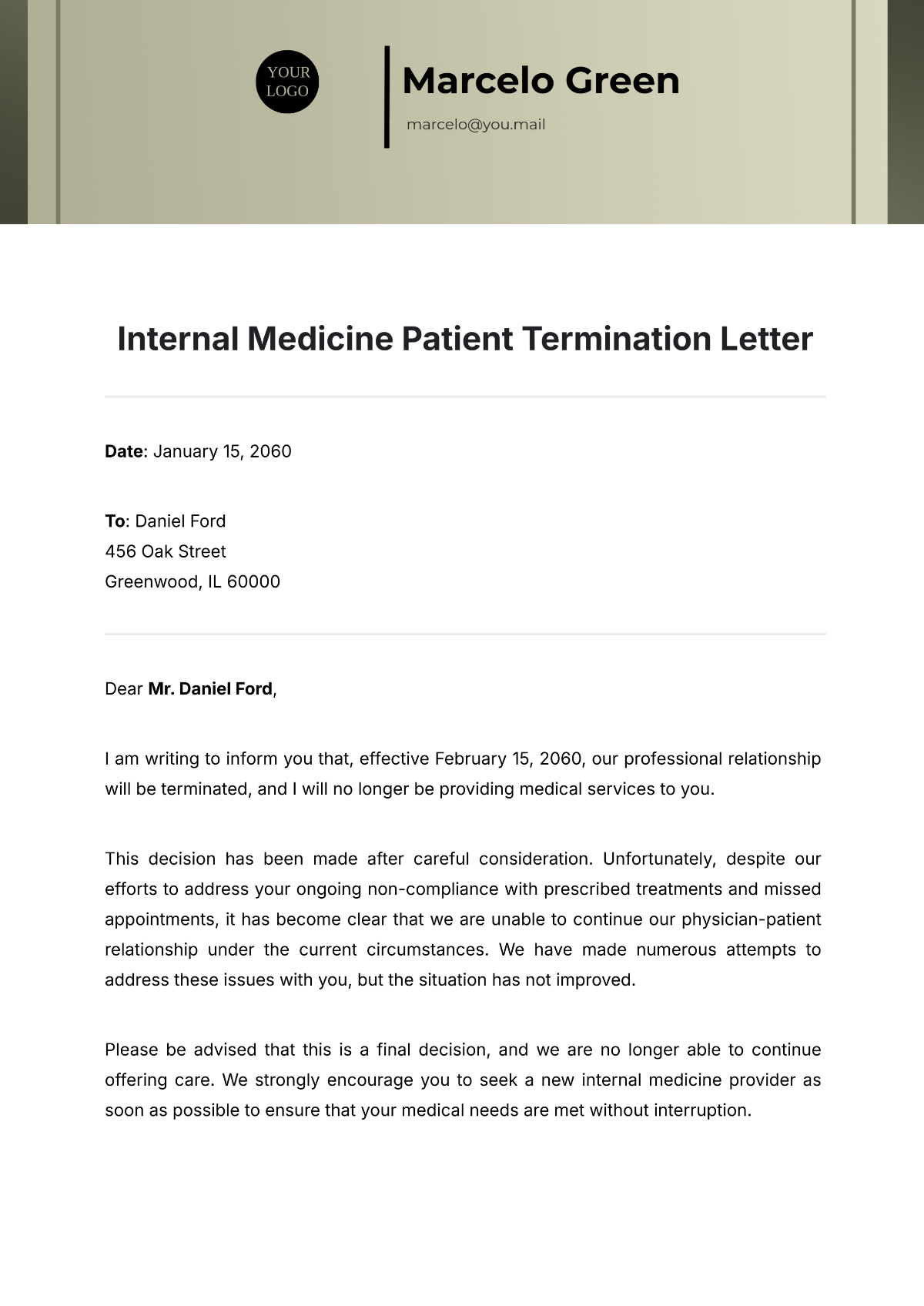 Free Internal Medicine Patient Termination Letter Template