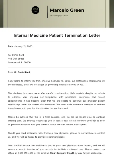 Free Internal Medicine Patient Termination Letter Template to Edit Online