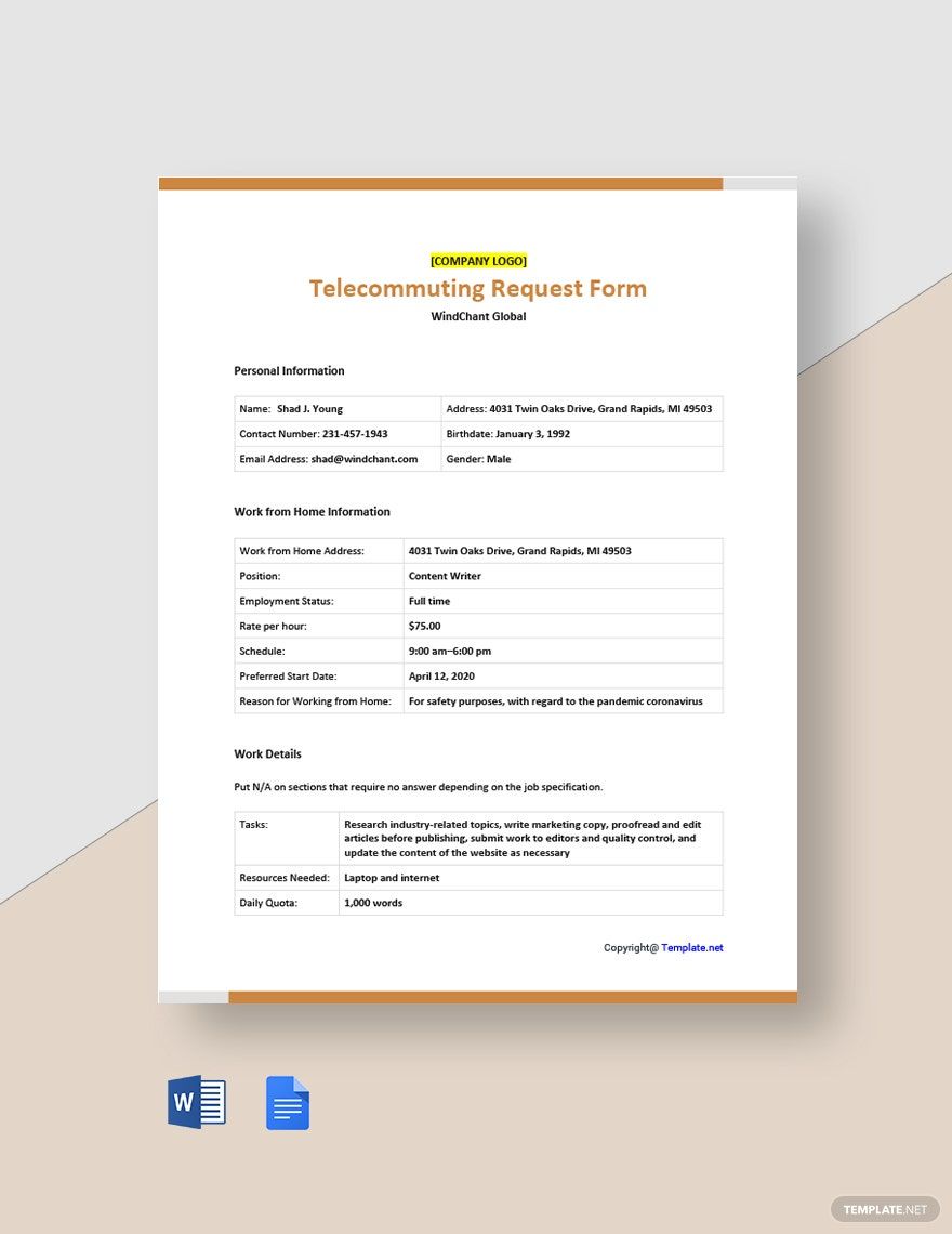Free Sample Telecommuting Request Form Template