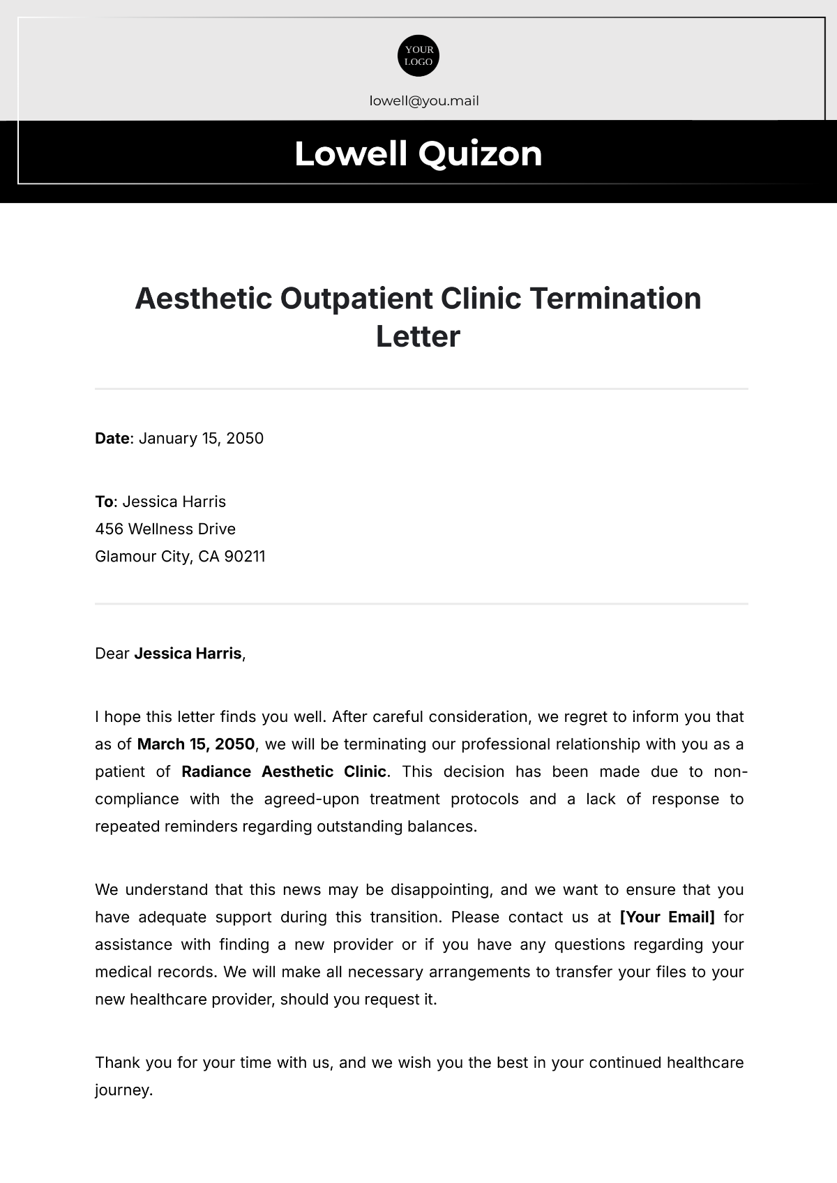 Free Aesthetic Outpatient Clinic Termination Letter Template