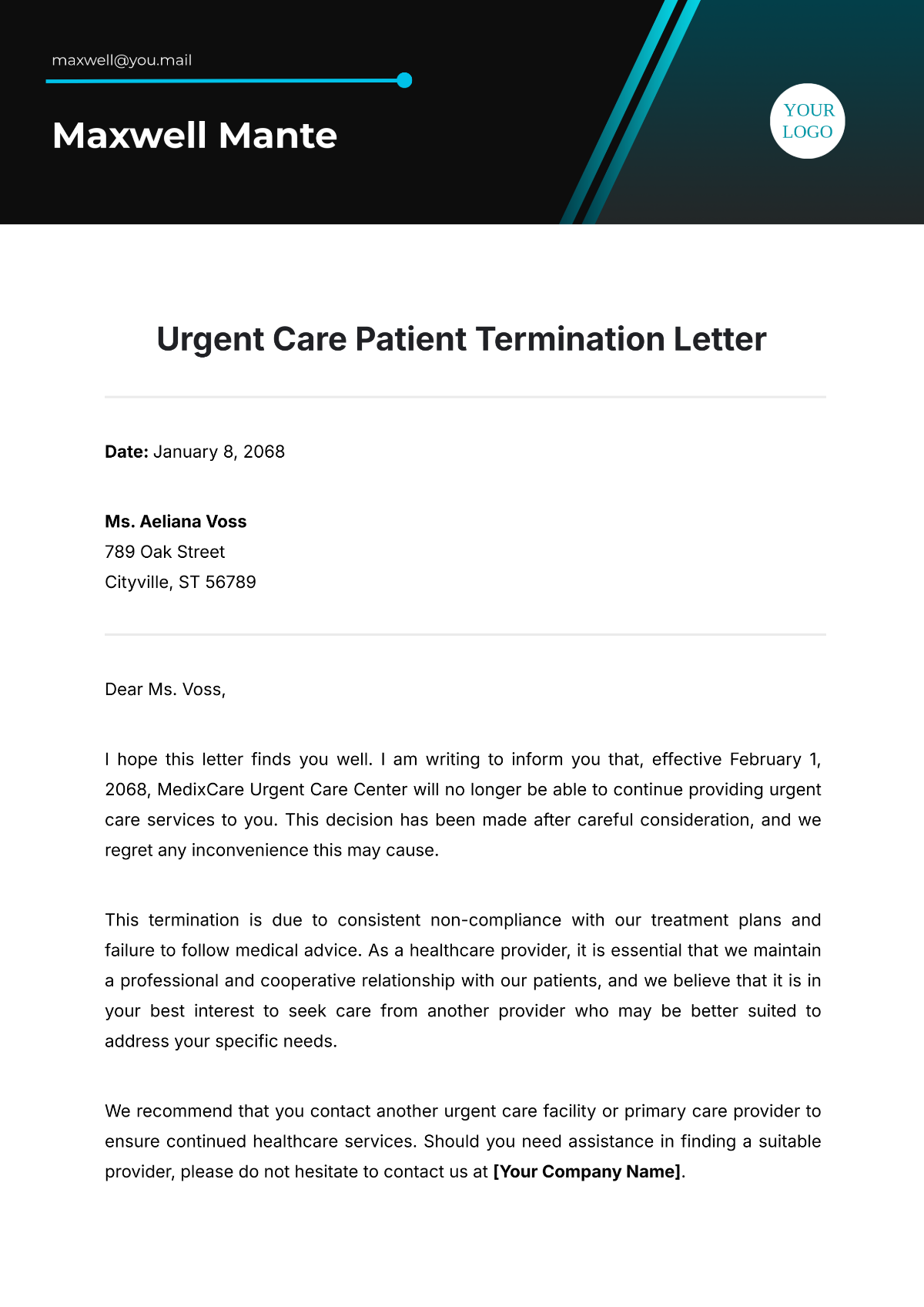 Free Urgent Care Patient Termination Letter Template