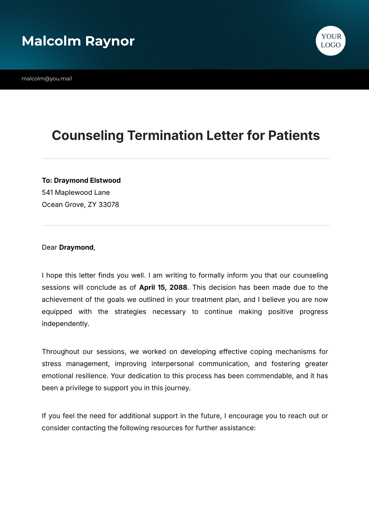 Free Counseling Termination Letter for Patients Template