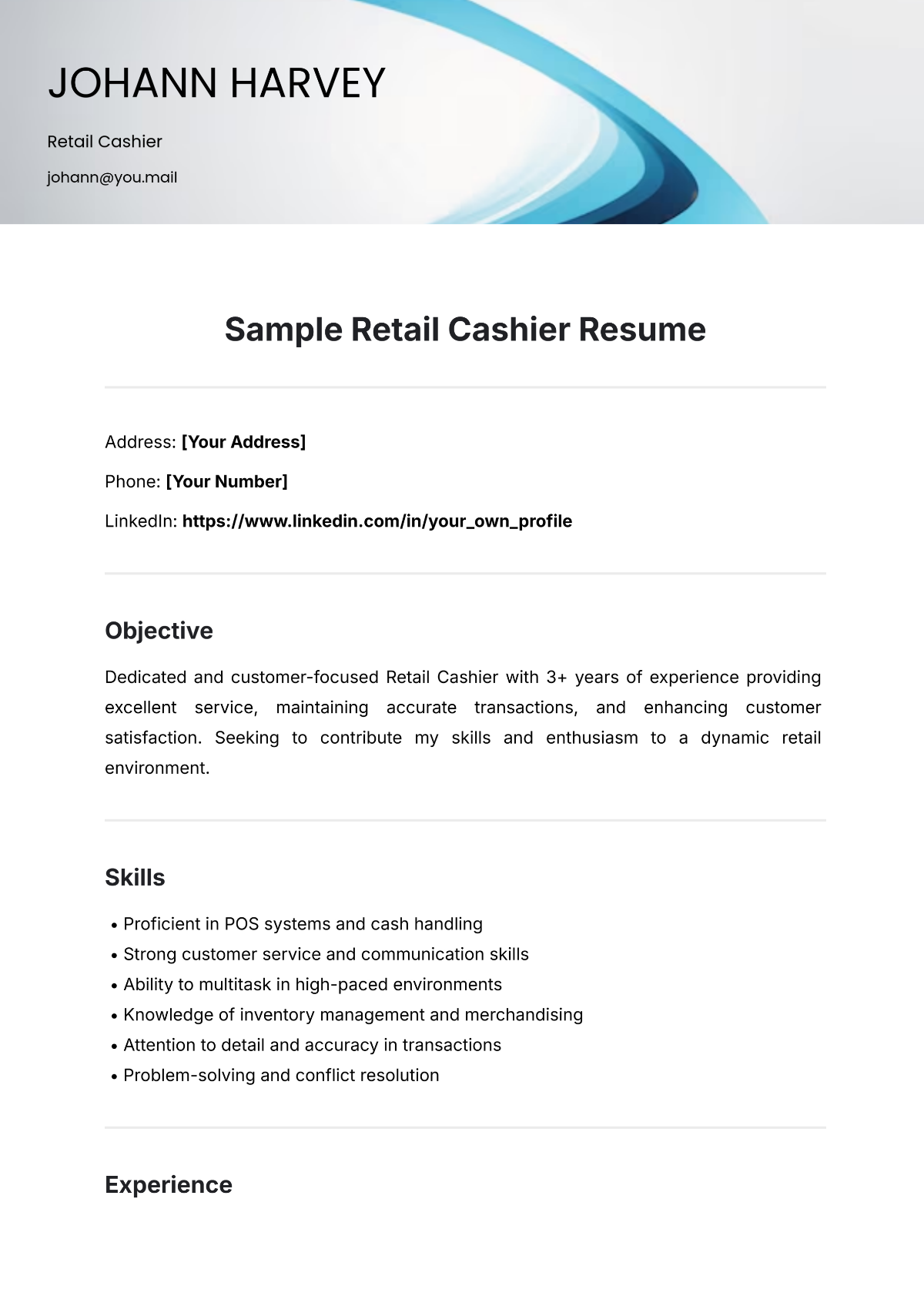 Sample Retail Cashier Resume Template