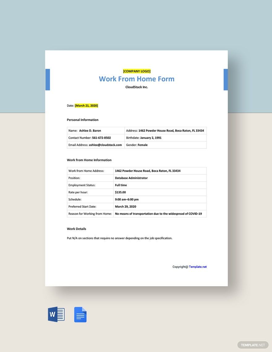 Free Sample Work From Home Form Template