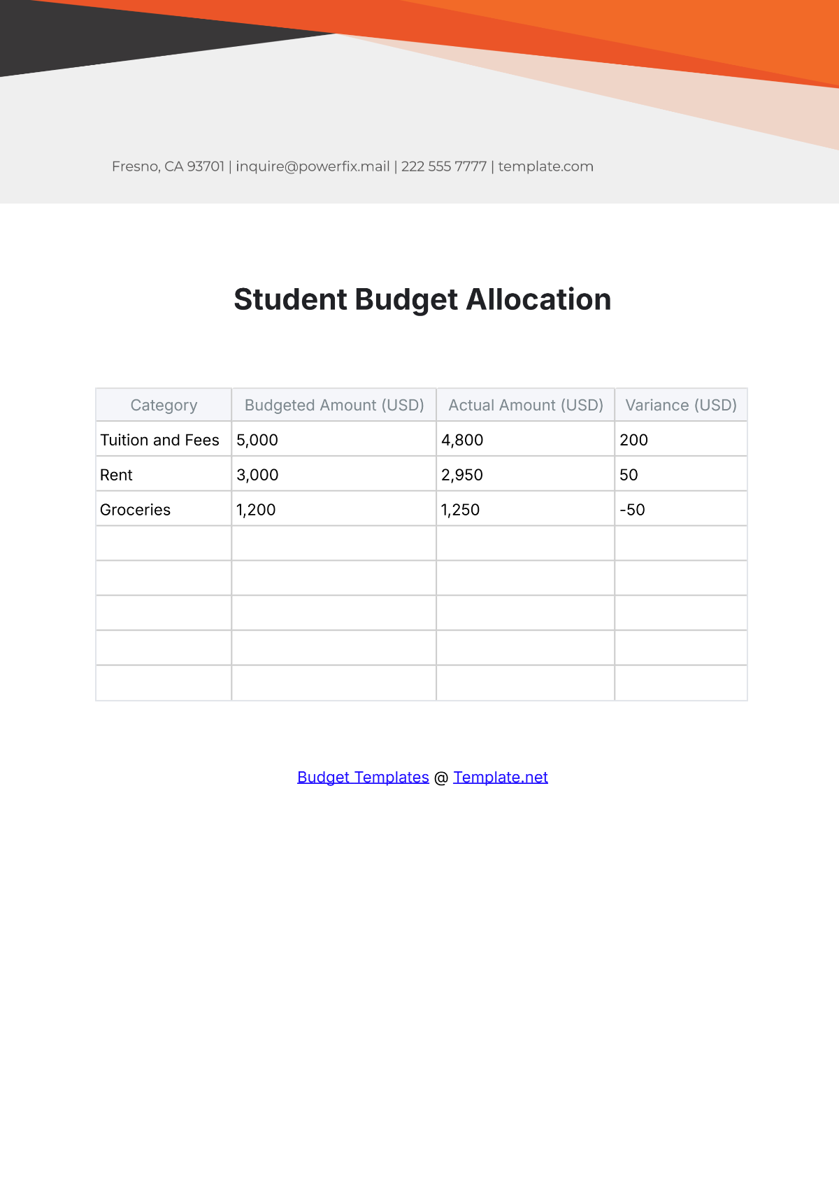 Free Student Budget Allocation Template