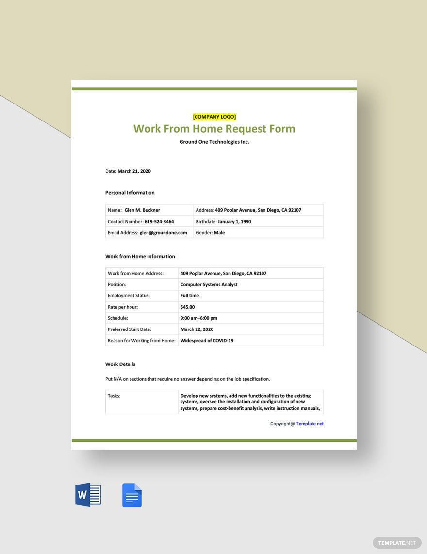 Sample Work From Home Request Form Template