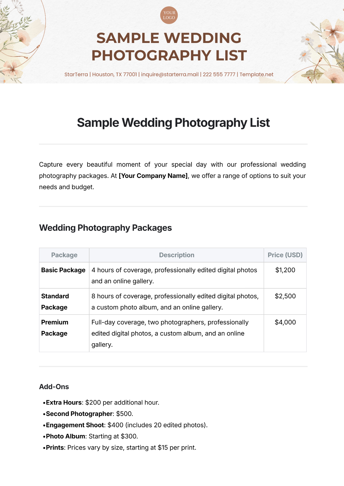 Free Sample Wedding Photography List Template