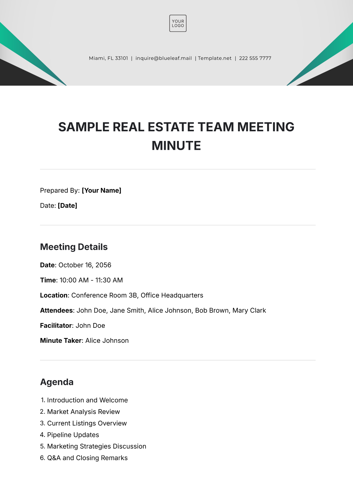 Sample Real Estate Team Meeting Minute Template