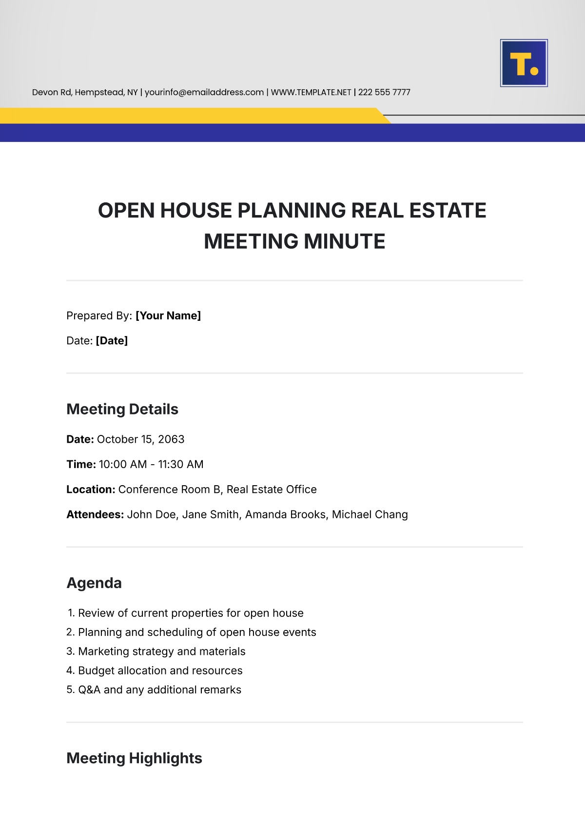 Free Open House Planning Real Estate Meeting Minute Template