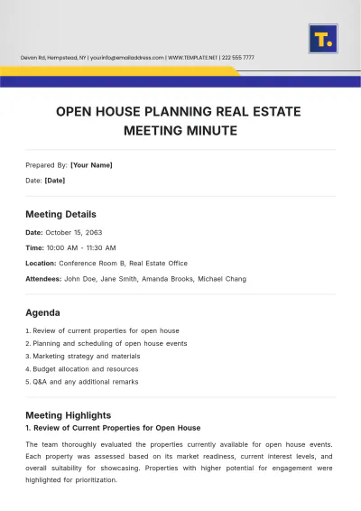 Free Open House Planning Real Estate Meeting Minute Template to Edit Online