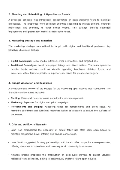 Free Open House Planning Real Estate Meeting Minute Template to Edit Online