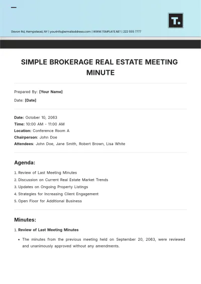 Free Simple Brokerage Real Estate Meeting Minute Template to Edit Online