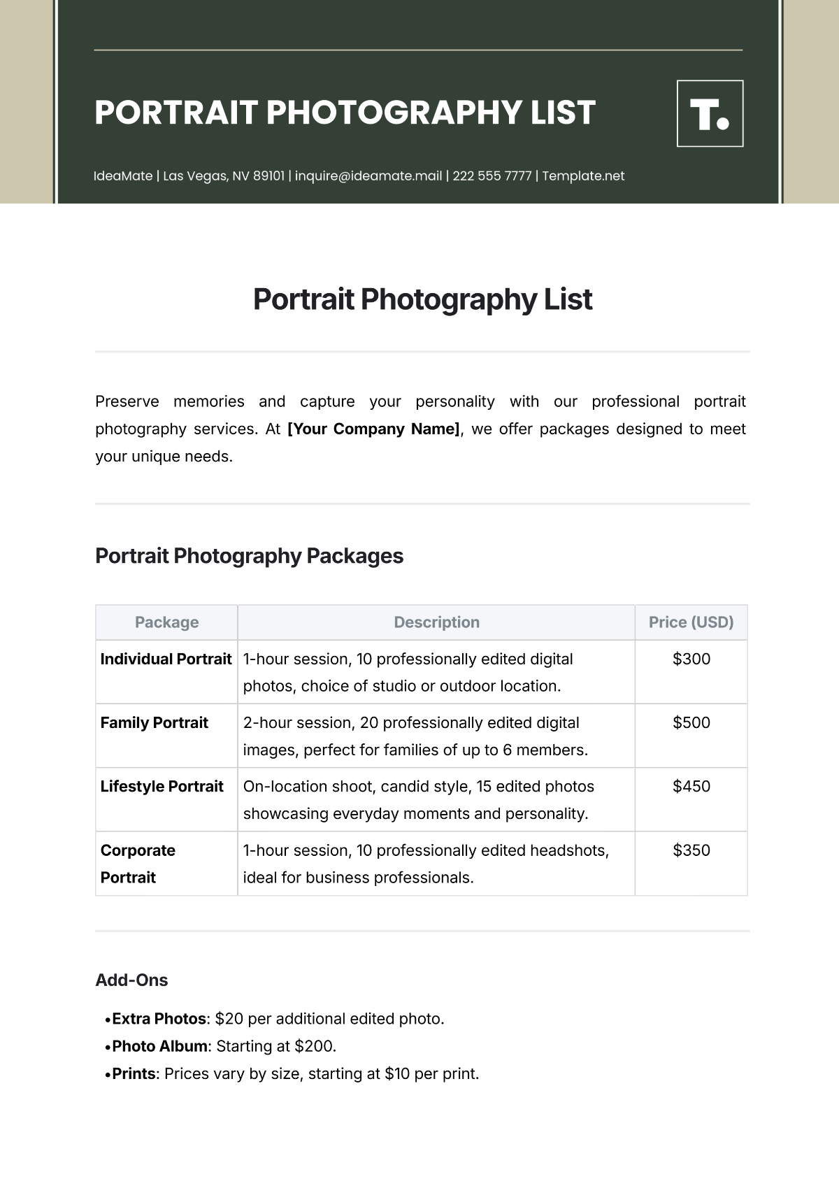 Free Portrait Photography List Template