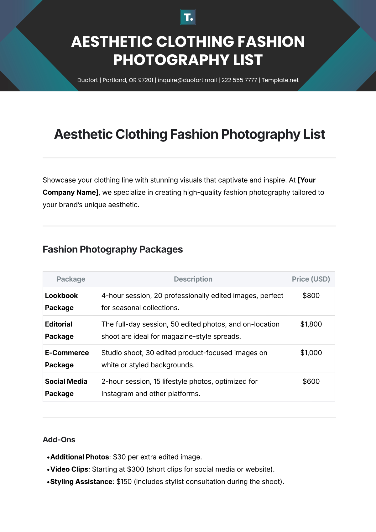 Free Aesthetic Clothing Fashion Photography List Template