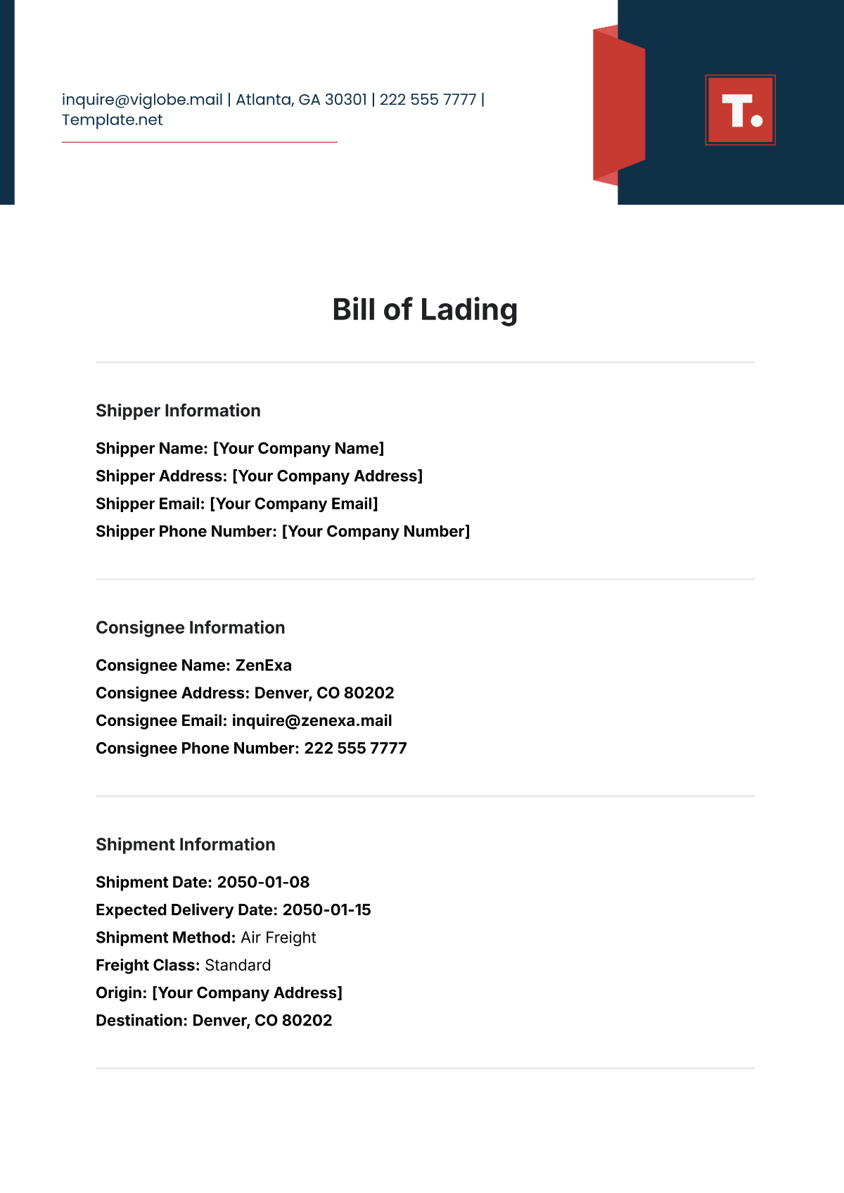 Free Printable Bill of Lading Template