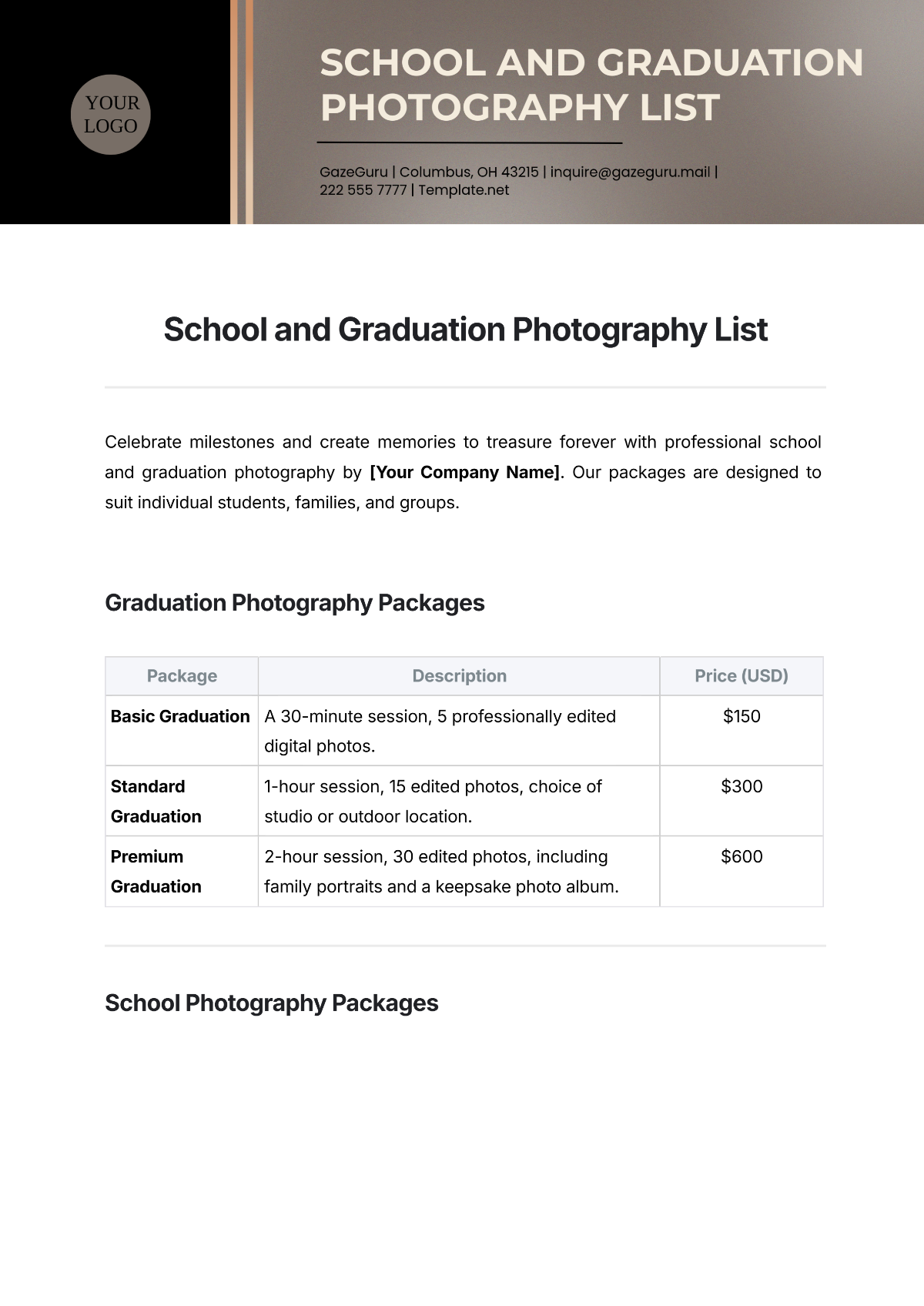 Free School and Graduation Photography List Template