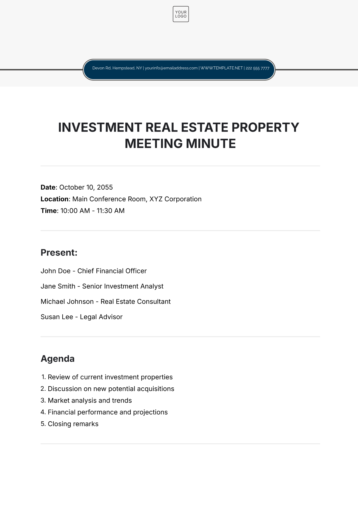 Free Investment Real Estate Property Meeting Minute Template