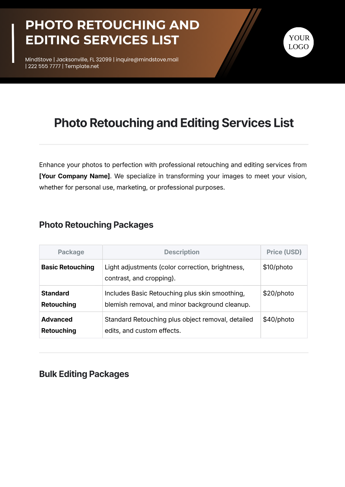 Free Photo Retouching and Editing Services List Template