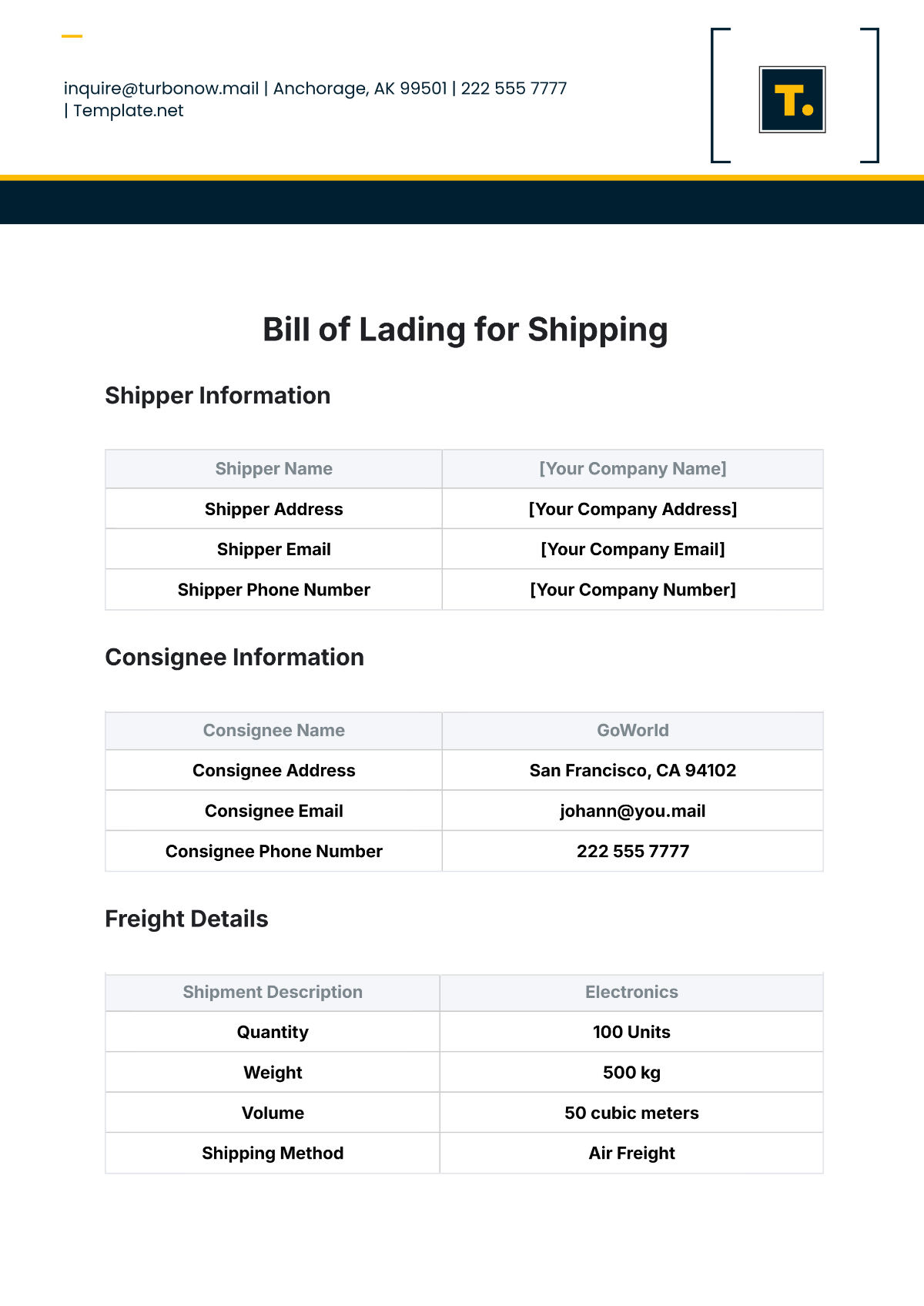 Free Bill of Lading Template for Shipping